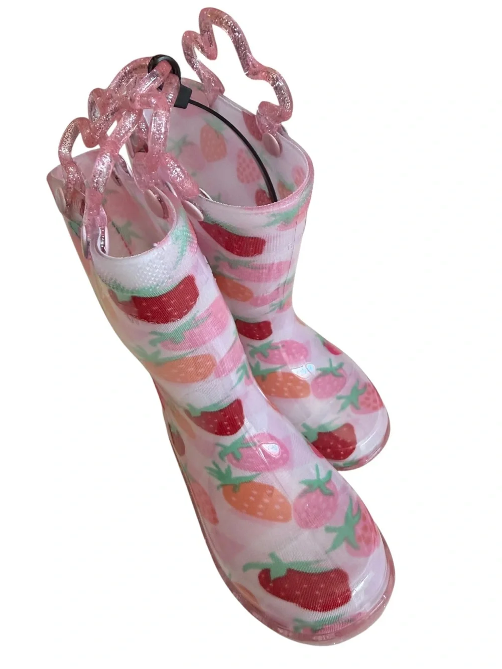 Western Chief Light Up Pink Strawberry Rain Boots Glitter Handles NEW Size 5